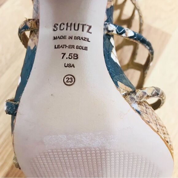 SCHUTZ Juliana Leather Caged Block Heel Sandal Snake Embossed Tan Black Size 7.5 - Picture 13 of 14